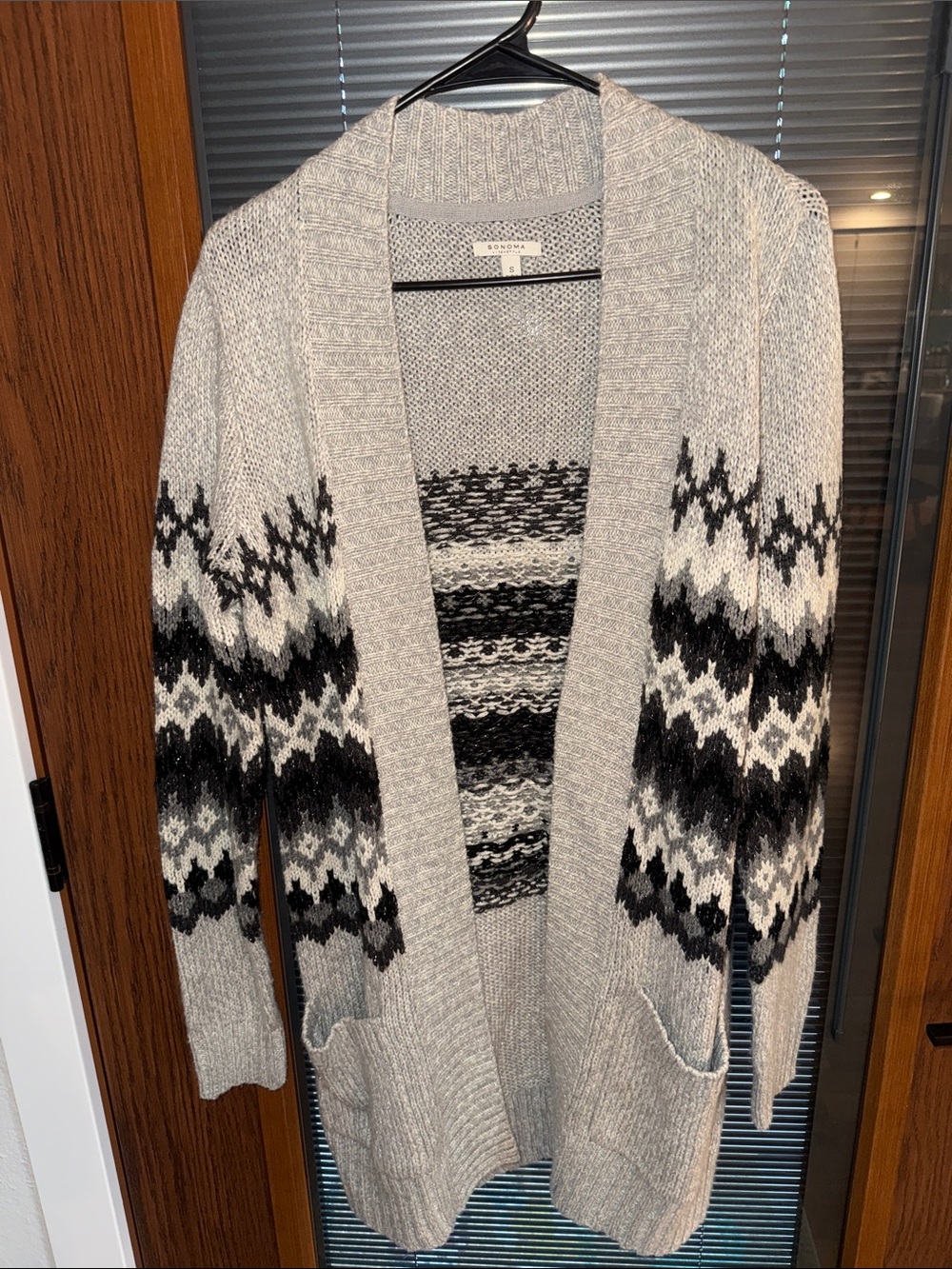 Sonoma Gray Black and White Fair Isle Open-Front Cardigan